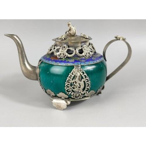 Exquisite Chinese Collectible Decorated Classical Handmade Green Jade Stone Inlaid with Tibetan Silver Dragon Monkey Lid Teapot