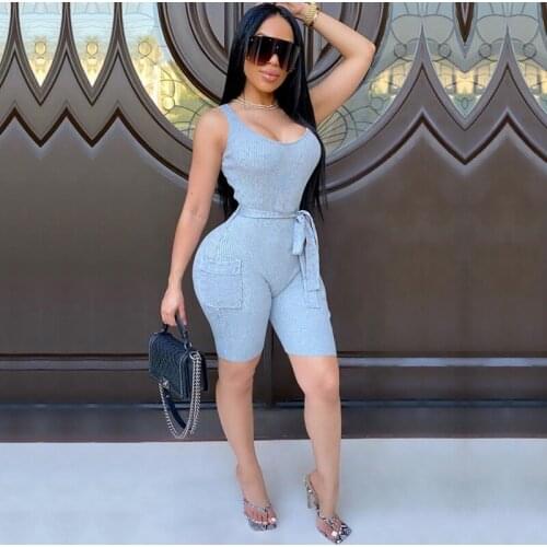 Backless Club Rompers Womens Jumpsuit Summer Sleeveless Ribbed Short Sexy Bodysuit Streetwear Sash Pocket Solid Bodycon Jumpsuit