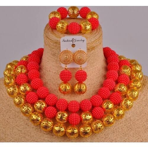 Red and gold african wedding beads jewelry set costume necklace women nigerian set ZZ22
