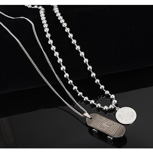 Skateboard Round Coin Figure Pendant Necklace Stainless Steel Hip Hop Multilayer Long Chain Necklaces Punk Style Jewelry