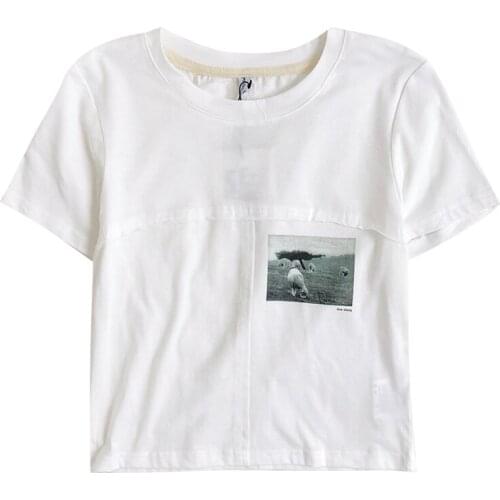 Retro Distressed Pattern Print Summer Round Neck Slim Short Section Short Sleeve T-shirt