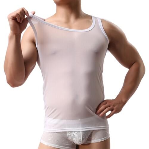 Sexy Mens Underwear See Through Sleevelss T-shirts Slim Fitness Undershirts Tank Tops Mesh Shirt Boxer Shorts Men Clothes Set