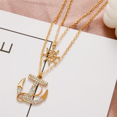 Fashion Double Anchor Rhinestone Necklace Clavicle Chain Ins Cold Wind Retro Temperament Chain Sweater Chain Female Jewelry Gift