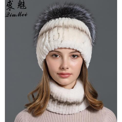 Real Rex Rabbit Fur Hat And Scarf Set For Women New Neck Ring Head Hankie Beanies Luxury Natural Fox Fur Winter Scarf And Caps