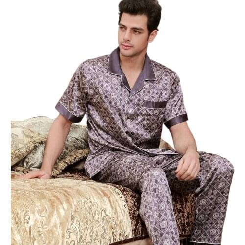 Mens short-sleeved two-piece pajamas imitation silk spring/summer male home sleepwear pajamas for men pijamas para hombre