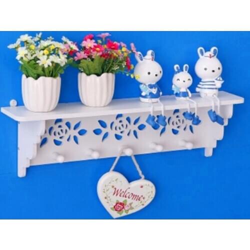 Modern Wall Shelf Wood Hanging Key Storage Holder Artificial Flower Decorative Shelve Home Door Decoration White