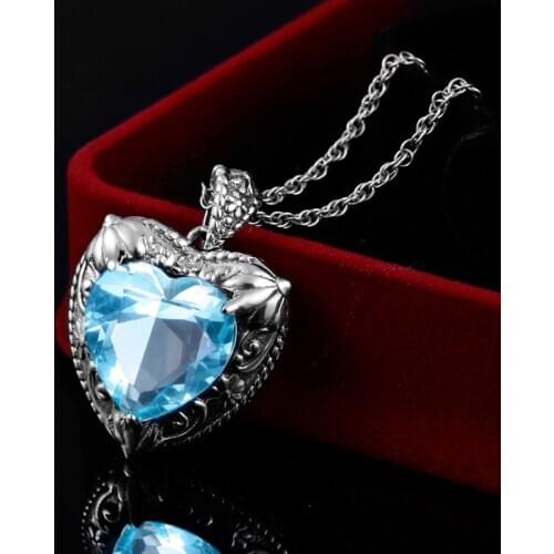 Vintage Love Heart Pendant Necklace for Women Silver 925 Jewelry Aquamarine Pendants Wife Valentine Day Gifts Birthstone Jewelry