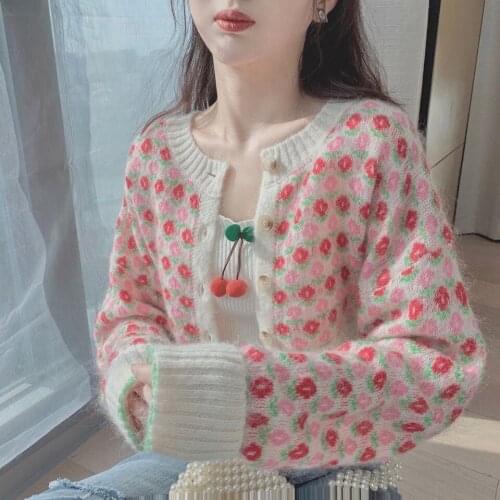 Vintage Flower Cardigan Sweater New Preppy Style Flower Jacquard Knit Cardigans Sweater Women Loose Thinbced Pink Short Cardigan