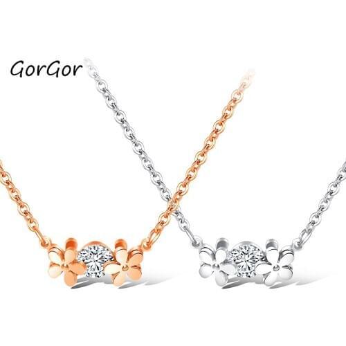 GorGor Women Necklace Cubix Zirconia Mosaic Floral Shape Pendant Titanium Steel Chain Ladies Fashion Accessories 1398