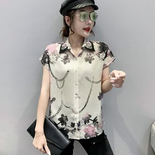 Vogue floral print tops office ladies shirts Womens chiffon blouses New Summer casual short sleeve Tops Blusas Mujer