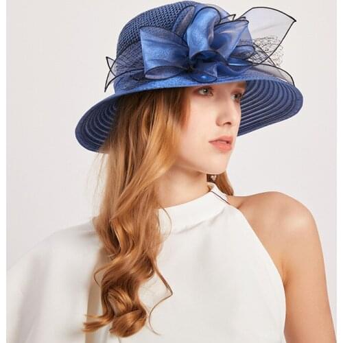 Women Flower Summer Sun Hats Beach Organza Tea Party Hat Elegant Ladies Wide Brim Hat