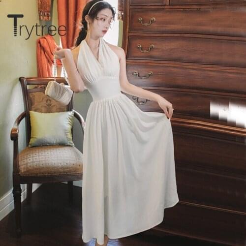 Trytree 2020 Summer Woman Dresses Casual Halter Fashion Vintage High Waist Elegant Solid White A-line Temperament Mid-Calf Dress