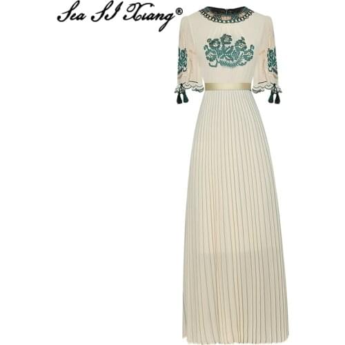 Seasixiang Fashion Designer Summer Dress Women O-Neck Short Sleeve Floral Embroidery Vintage Pleated Long Dresses