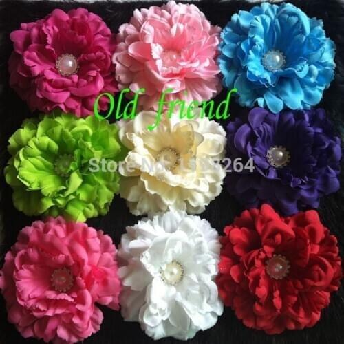 5" Large Soft Petal Peony flowers With Rhienstone Button & Clip ,Wedding hair Flower 60pcs/lot 11 colors free shipping