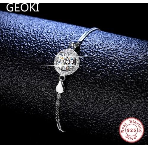 Geoki Passed Diamond Test Round Perfect Cut D Color VVS1 Moissanite Bracelet Chain Women Luxury 925 Sterling Silver Bracelets