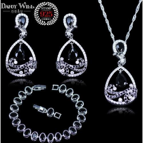 Black Cubic Zirconia silver color Jewelry Sets For Women Pear Necklace Pendant Earrings Bracelet Free Gift Box