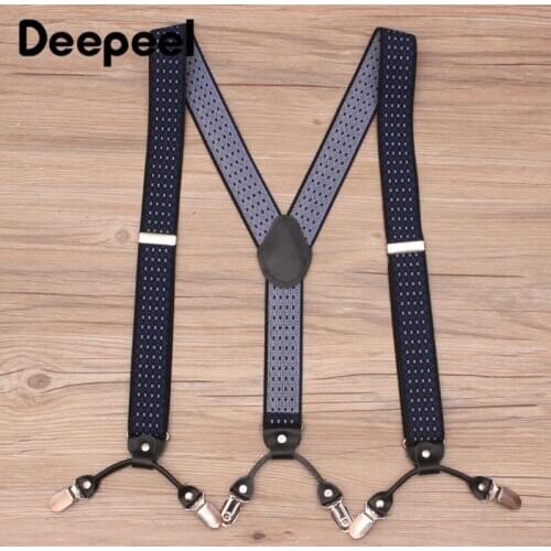 Deepeel 1pc 3.5*120cm Mens Blue White Dot Pattern Elastic Suspenders Y-Back 4 Clips Adjustable Braces for Men Old Man YB610