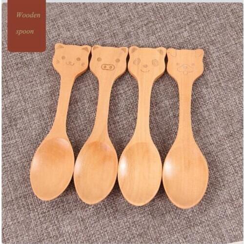 Wooden Baby Feeding Spoon Cartoon Baby Training Dishes Kids Feeding Spoon Colher Baby Flatware Tableware