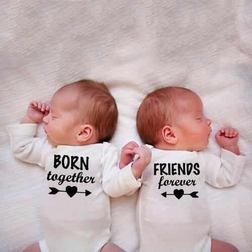 1 Pc Born Together and Friends Forever Baby Autumn Long Sleeves Jumpsuit Twins Baby Bodysuits Toddler Onesie Casual Ropa