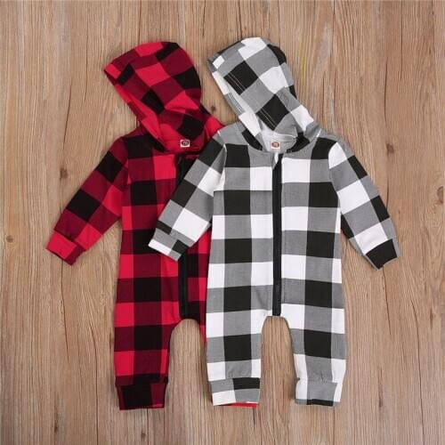 2020 0-24M Baby Boys Girls Long Sleeve Hooded Jumpsuit Autumn Winter Personality Plaid Hooded Zipper up One Piece Rompers Pants