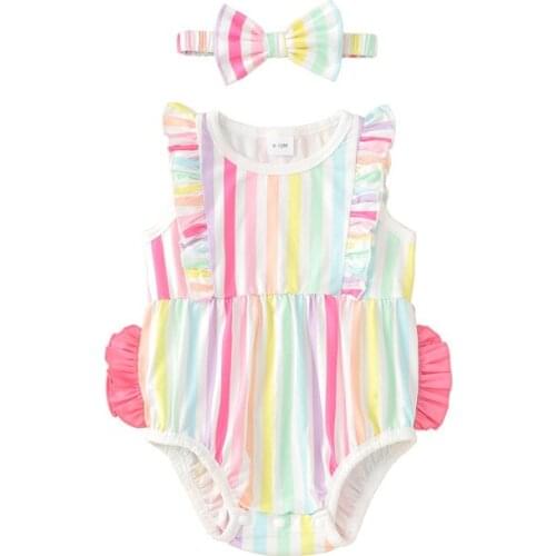Summer Girls Baby Swimsuit Suit Baby Girls Bodysuit Girls Rainbow Striped Girls One-piece Swimsuit + Headband For Baby 0-2yrs