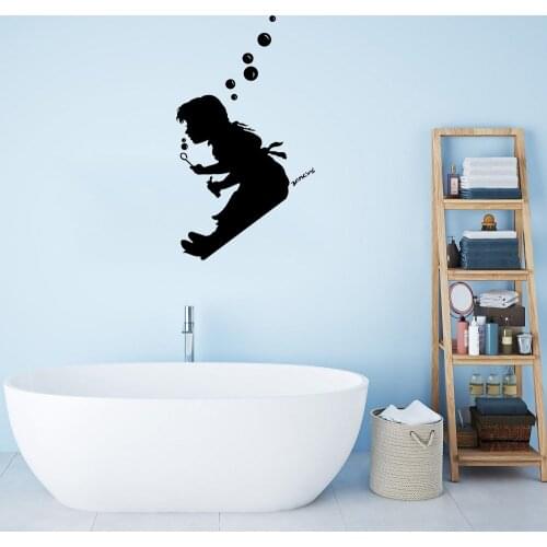 Cute Little Girl Blowing Bubbles Wall Sticker For Bathroom Wall Decal Home Decor Vinyl Mural Revocable DW10890