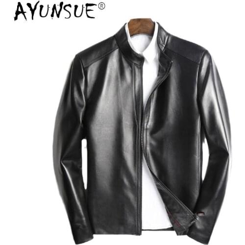 Fashion Men Leather Jacket Casaul Slim Stand Collar Real Sheepskin Coat Spring Mens Clothing Biker Coats and Jackets WPY3350