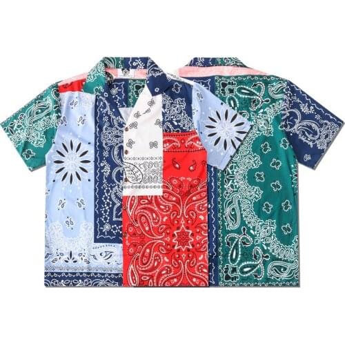 2021 Printed Color Block Shirt Summer European and American Mens Shirt Summer Beach Short Sleeve