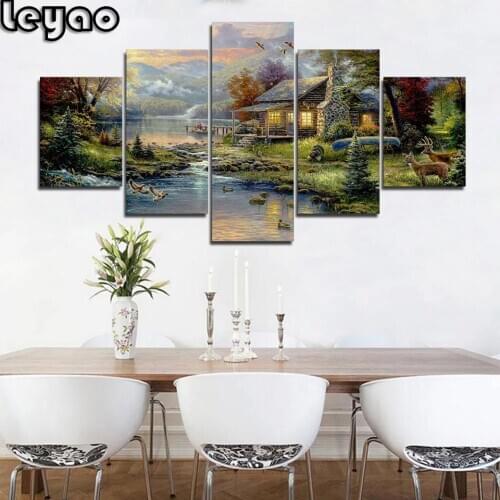 5 Pcs Full Square Round Diamond Painting Cross Stitch Mosaic Multi-Picture 5D Diamond Embroidery Country House,Village Scenery