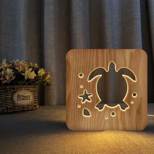 Solid Wood Hollow Carved Animal Table Lamp Creative Tortoise Shape Night Light