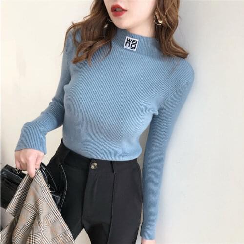 Autumn Winter Women Slim Knitted Sweater Casual Soft Half Turtleneck Letter Appliques Jumper Fashion Femme Elasticity Pullovers