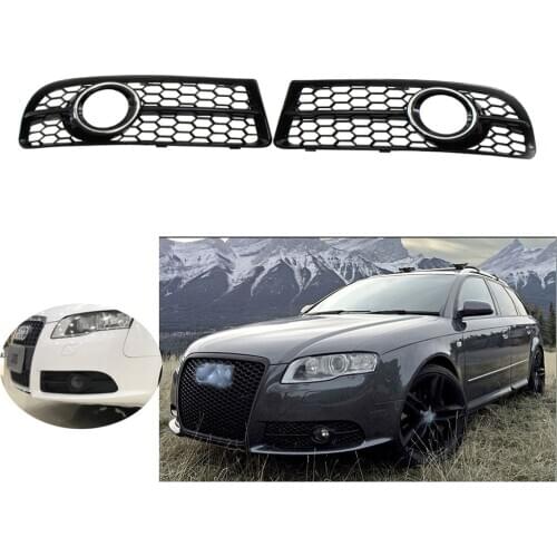 Pair of Gloss Black w/ Chrome Trim Honeycomb Fog Light Grill Fit for Audi A4 B7 S-Line S4 2005-2008 Grille