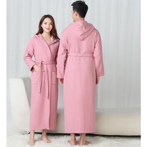 Couple Long Large Pink Nightgown Lovers Cotton Warm Sleepwear Waffle Kimono Bath Gown Plus Size