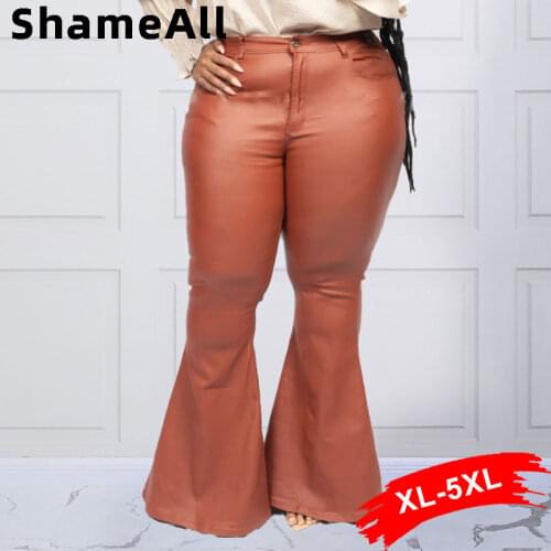 Sexy Plus Size Brown Flared Pu Leather Pants 5XL Women Vintage Street Party Club Wear High Waist Skinny Bell-Bottom Chaparajos