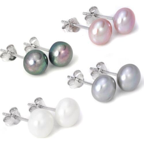 Hot 925 Sterling Silver 8-8.5mm Real Freshwater Pearl white Grey Black purple Natural stud Earrings for 1 pair