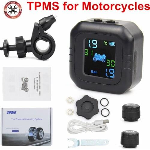 TPMS for Motorcycles Real Time Tire Pressure Monitoring System Wireless LCD Display 2 External Sensors free shipping
