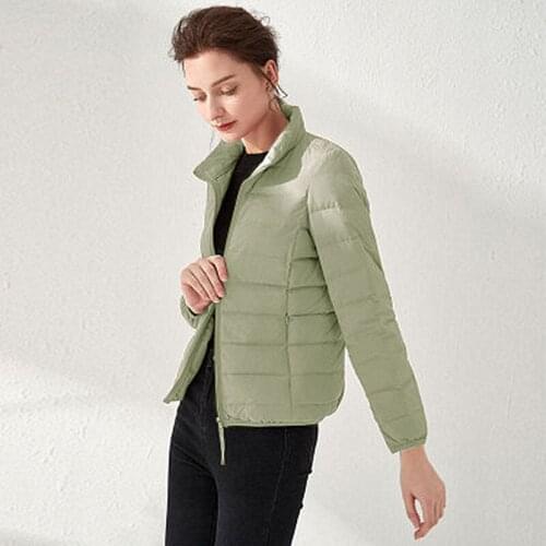 Spring Autumn Nylon Womens Down Jacket Stand Collar Long Sleeve Cardigan Zipper Solid Thin Vogue Casual Down Jacket