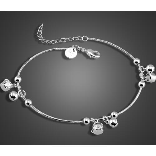 Fashion100% 925 Sterling Silver Anklet Women Cute Cup bell Foot Jewelry Summer Beach Barefoot Sandals Bracelet Ankle Gift