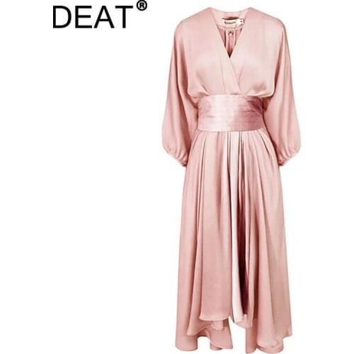 DEAT Women Midi Dress Pink Asymmetry Bandage V Neck Silkly Lantern Sleeve Casual Style Elegant 2021 New Autumn Fashion 15JK512