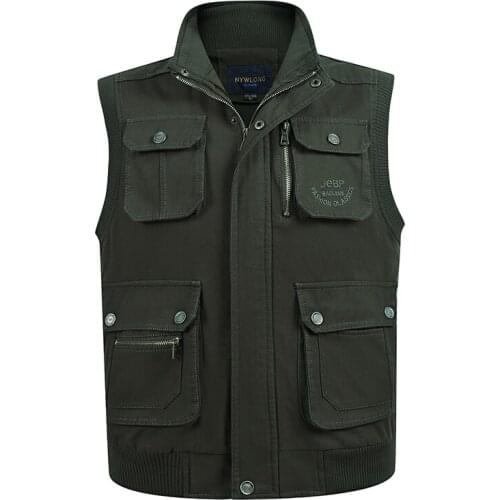 Spring Autumn Men Vest with Many Pocket Photographer Tool Green Khaki Zipper Big Multi Pocket Waistcoat Male Sleeveless Jacket