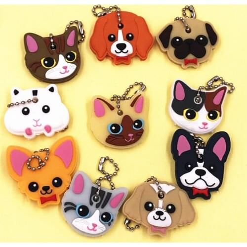 10Pcs/lot Cartoon Cute Key chain Women Man Key Cover Cap PVC Animal Kids Key Ring Cat Character Key Holder Dog Icon Keychains