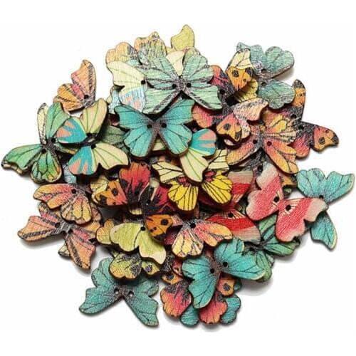ANGRLY 50pcs Colorful 2 Holes 28mm Mixed Butterfly Wooden Button Sewing DIY Craft Scrapbooking Party Gift Box DIY Decorative