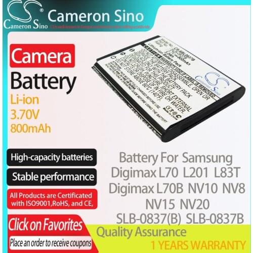 CameronSino Battery for Samsung Digimax L70 Digimax L70B L201 L83T NV10 NV15 fits Samsung SLB-0837(B) Digital camera Batteries