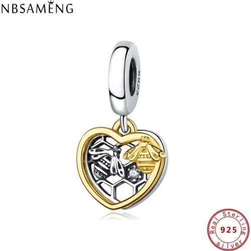 Authentic 100% 925 Sterling Silver Charms Beads Heart Gold Color Bee Pendant Charm Fit Pandora Original Bracelets DIY Jewelry