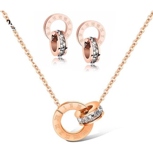 Mosaic CZ Crystal Double Circle Pendant Necklace & Stud Earrings Stainless Steel Wedding Jewelry Sets For Women SE002