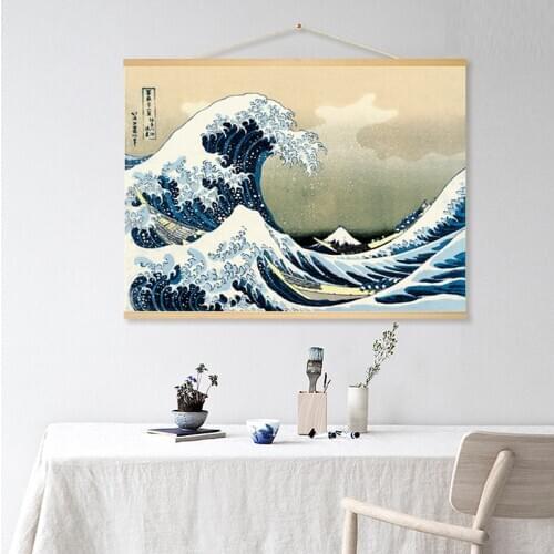 Japanese Style Ukiyo Kanagawa Wave Illustration Landscap Scroll Painting Canvas Prints Wall Art Pictures With Frame Room Decor