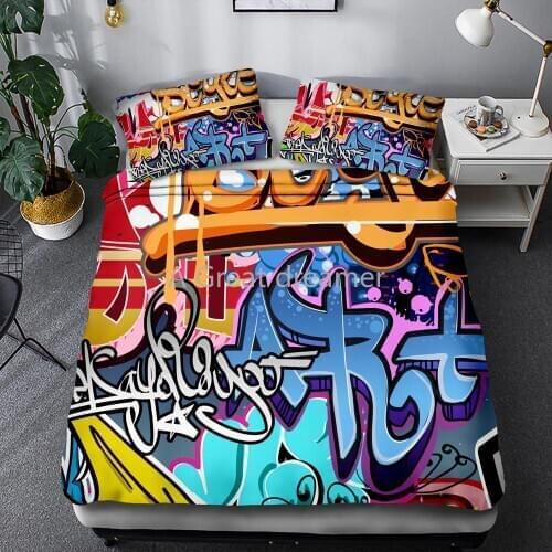 3D Hip Hop Bedding Set Cartoon Duvet Cover Color Bed Quilts Graffiti Graphic Art Design Teenagers Bed Room King Size 2/3Pcs