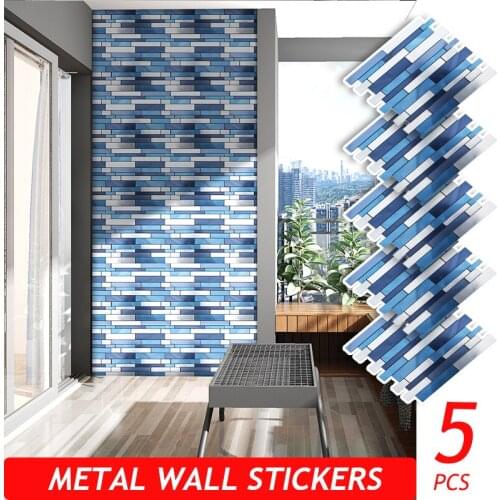 5PCS Metal Wall Stickers Self-adhesive Panel for Kitchen Bathroom Home Decor Living Room Fireproof Waterproof PVC Brick Shape