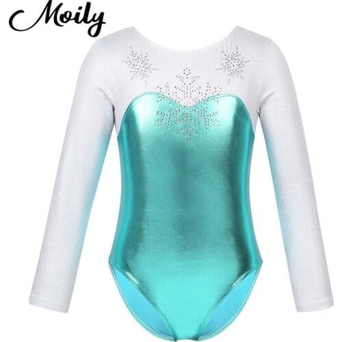 Moily Girls Long Sleeve Shiny Rhinestone Gymnastics Leotard Stage Performance One-Piece Jumpsuit Kids Ballet Leotards Dance Wear