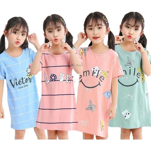 Kids Girls 100% Cotton Nightgown Cartoon Nightdress Girl Sleepwear Nightie Summer Short Sleeves Nightwear Children Clothes